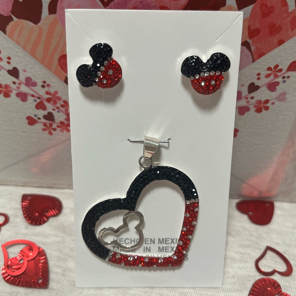 Red & Black Rhinestone Heart Necklace and Mickey Stud silver .925 Earrings Set